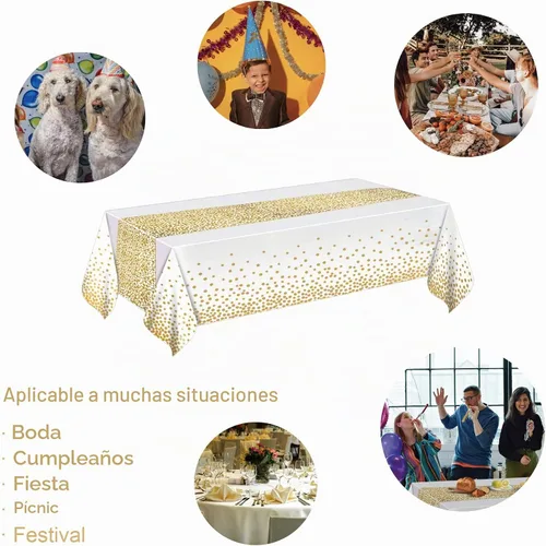 Vista 4 de MOLFUJ Mantel de plástico blanco y dorado de 54 x 108 pulgadas para fiesta, paquete de 2 manteles desechables blancos para mesa rectangular de 8