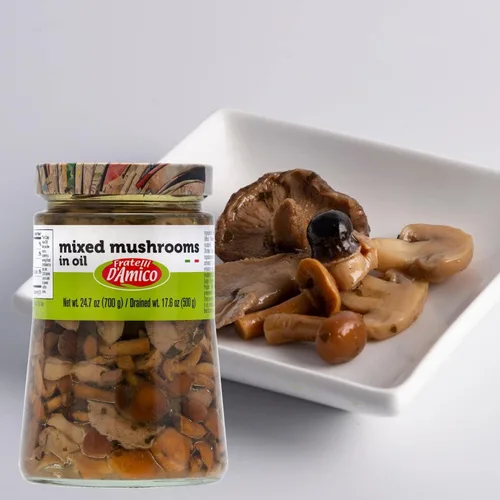 Vista 4 de FRATELLI D'AMICO Setas mixtas en aceite, tamaño familiar, 24.7 oz (700 g) Italian Appetizer in Designer Jar with 6 Varieties of Mushrooms in Oil