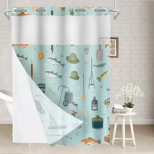 Vista 10 de Batmerry Maritime Nautical Hookless Shower Curtain with Snap in Liner Set, Anchors Ship Wheel Bath Curtain Magnetic Hem Quick-Drying Waterproof