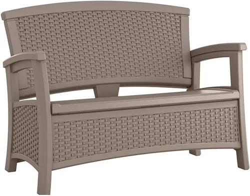 Vista 15 de Suncast Banco de mimbre para exterior con almacenamiento de 23 galones, asientos cómodos para dos, respaldo ergonómico, muebles para todo