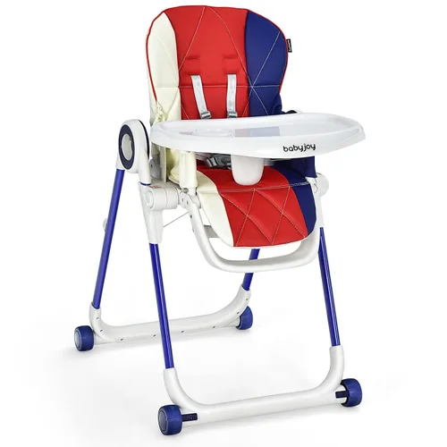 Vista 10 de BABY JOY Silla alta para bebés y niños pequeños, silla alta plegable con respaldo/reposapiés/altura del asiento, bandejas extraíbles dobles, cojín