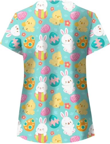 Vista 4 de Camisetas de uniforme de trabajo de Pascua para mujer, cuello en V, estampado divertido, camisetas básicas para mujer