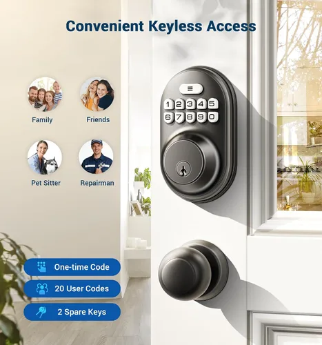 Vista 2 de Veise RZ-A - Cerradura de puerta con teclado electrónico, color negro mate Keyless Entry for Front Door, 20 Codes, Auto Lock, One-time Codes, 365