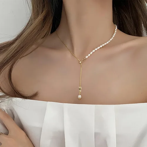 Vista 8 de Cowlyn Collar con colgante de perlas, cadena Lariat en forma de Y, oro de 14 quilates, colgante largo, joyería para mujeres y niñas, Metal