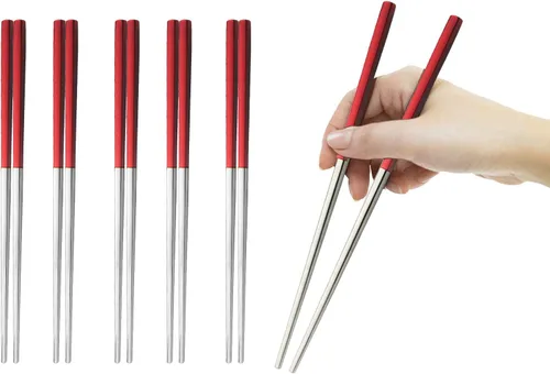 Vista 17 de JASHII 5 pares de palillos de acero inoxidable 304, palillos reutilizables, palillos de metal ligeros para fideos de sushi, 9 pulgadas (negro dorado)