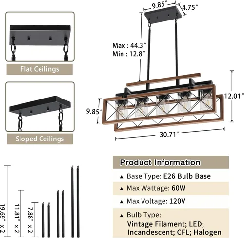 Vista 5 de MELLCOM Iluminación de madera para isla de cocina, lámpara de comedor de granja de 5 luces con pantallas de vidrio y varillas ajustables, candelabro