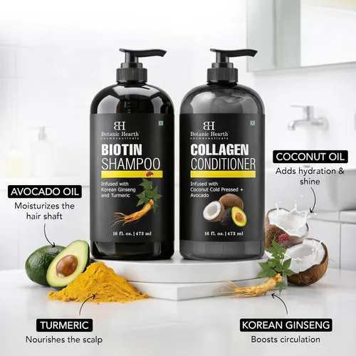 Vista 3 de Botanic Hearth Champú y acondicionador de biotina con colágeno Combate la pérdida de cabello y con ginseng coreano y cúrcuma, acondicionador