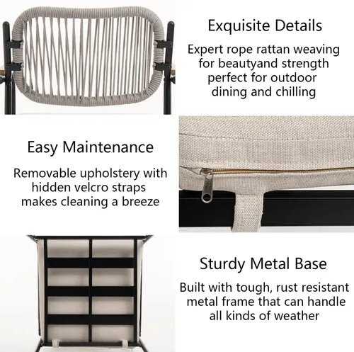 Vista 8 de Juego de 2 sillas de comedor para exteriores, sillas de comedor de mimbre para patio con cojines extraíbles, silla de mesa rectangular para patio