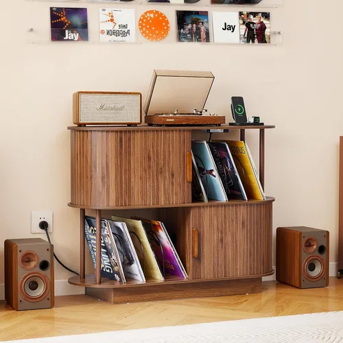 Vista 11 de Soporte moderno para tocadiscos con almacenamiento de vinilo, soporte de almacenamiento para tocadiscos negro de 40 pulgadas con puerta corredera