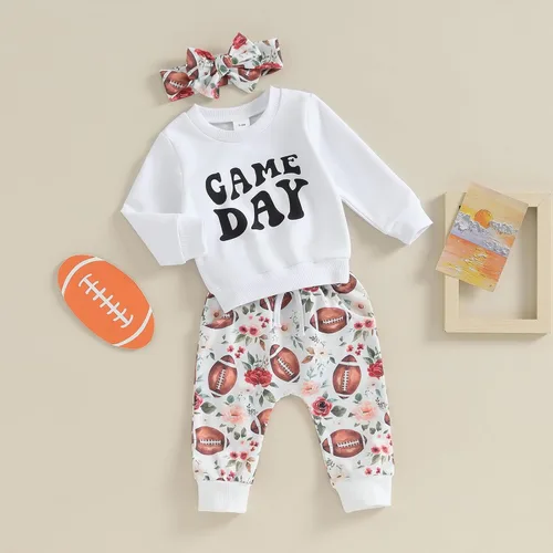 Vista 6 de CIYCUIT Conjunto de 3 piezas de sudadera de margaritas + pantalones + diadema, ropa infantil de otoño e invierno