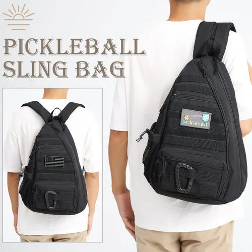 Vista 6 de Bandolera de Pickleball SunForMorning, Mochila Táctica de Pickleball para Mujeres y Hombres, Bolsa de Hombro Ajustable con Gancho para Valla y Negro