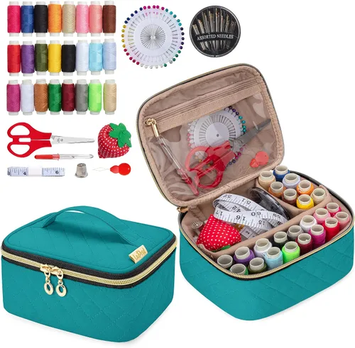 Vista 9 de LoDrid Kit de costura, bolsa de franela portátil con suministros completos de costura para viajes y hogar, kit de reparación de costura herramientas