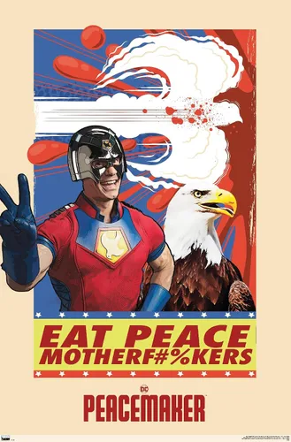 Vista 9 de DC Comics TV Peacemaker - Póster de pared Eat Peace, 22.4 pulgadas de largo x 14.7 pulgadas de ancho, versión enmarcada de madera de granero Versión
