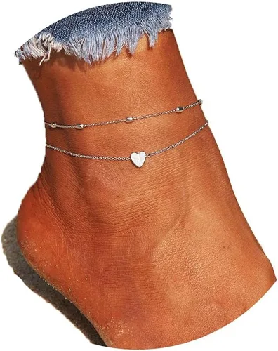 Vista 8 de Artmiss Tobilleras en capas para mujer, pulsera de tobillo plateada con dije de corazón y cuentas delicadas, joyería de pie para mujer, tobillera