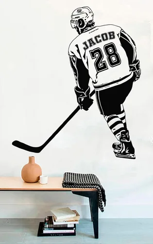 Vista 11 de Calcomanía de pared personalizada de jugador de hockey con nombre y número personalizados, arte de pared de vinilo para entusiastas