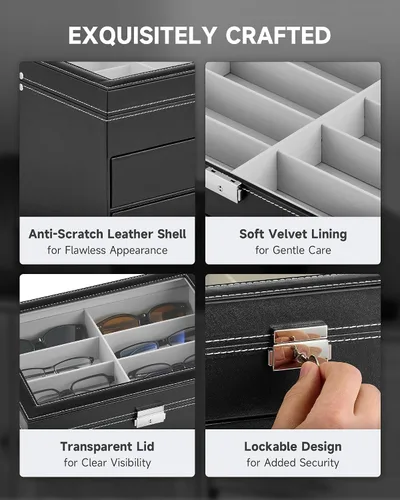 Vista 6 de CO-Z Sunglasses Organizer, Leather Eyeglasses Storage Box for Women Men, Lockable Sunglass Display Case Holder with Drawer
