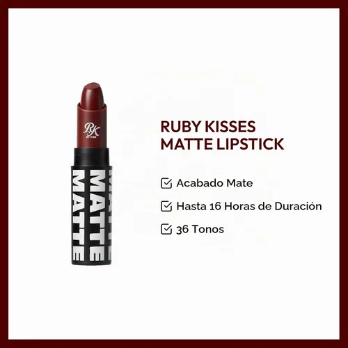 Vista 3 de Ruby Kisses - Lápiz labial, acabado mate, de larga duración, altamente pigmentado, aplicación suave, cobertura completa, maquillaje de color de Rojo