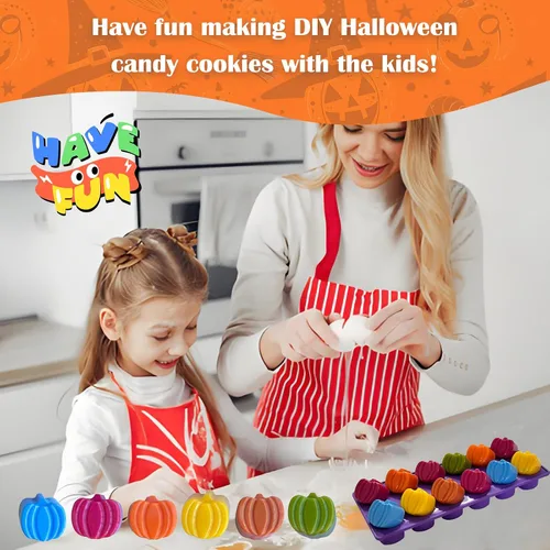 Vista 7 de Molde de calabaza para chocolate, 4 unidades, SAGOOITS con 12 cavidades, molde de chocolate otoñal para hornear, decoración de pasteles, Acción