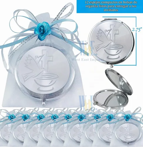 Vista 2 de WE 12 piezas de bautismo compacto espejo favor -Bautizo Recuerdos/maquillaje de espíritu santo compacto con bolsa decorada