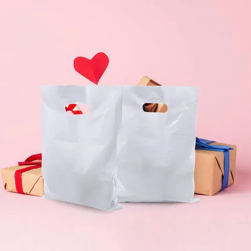 Vista 6 de 40 bolsas de regalo de plástico blanco para dulces, bolsas de plástico troqueladas para cumpleaños, baby shower, boda, fiesta