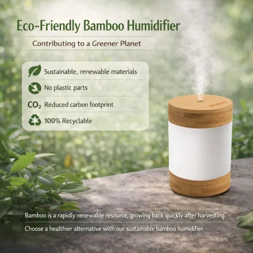 Vista 3 de Mini humidificador ultrasónico de bambú, humidificador de escritorio silencioso de 14.1 onzas líquidas con luz nocturna LED dual, alimentado por