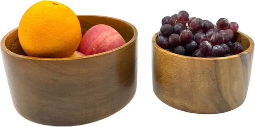 Vista 5 de Juego de 2 cuencos redondos de madera maciza de acacia para alimentos, almacenamiento de condimentos, ensalada, aperitivos, nueces, pan, palomitas