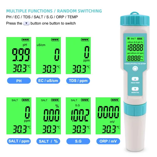 Vista 2 de Medidor de pH 7 en 1 Gomass 0.01 Probador de pH de alta precisión digital para agua TDS/EC/Salinidad/Temp/ORP/S. G/PH Probador de pluma de agua