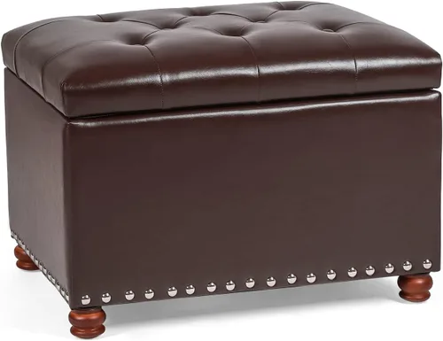 Vista 12 de Otomana de cuero con almacenamiento, 24 pulgadas, reposapiés otomanos con tapa con bisagras, taburetes tapizados rectangulares, con cabeza de clavo