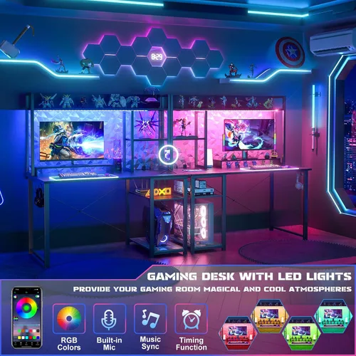 Vista 3 de Cyclysio Escritorio para juegos con gabinete, escritorio para computadora de 39 pulgadas con luces LED y tomas de corriente, escritorio de oficina