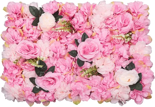 Vista 21 de Paneles de flores artificiales para decoración de pared, 6 piezas de rosas falsas, peonía, eucalipto, telón de fondo de pared de rosas para fiesta 6