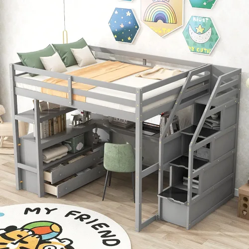 Vista 4 de Harper & Bright Designs Cama Loft de Madera Tamaño Full con Escaleras y Cajones para Almacenamiento, Marco de Cama Loft Moderno con Escritorio