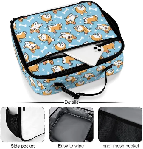 Vista 4 de Linda lonchera reutilizable Corgi con aislamiento, bolsa de almuerzo hielera, lonchera para comida y alimentos, bolsa de mano para mujeres, niños