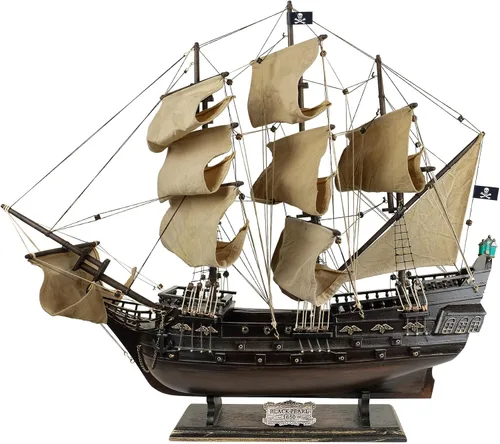 Vista 7 de SAILINGSTORY Modelo de Barco Pirata de Madera Black Pearl Barco de Vela Decoración de Velero 20.5" Velas Antiguas Detalles auténticos artesanales