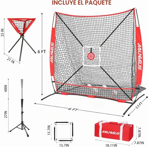 Vista 7 de 6'x6' Baseball Softball Practice Net, Batting Tee & Ball Caddy Rojo-B