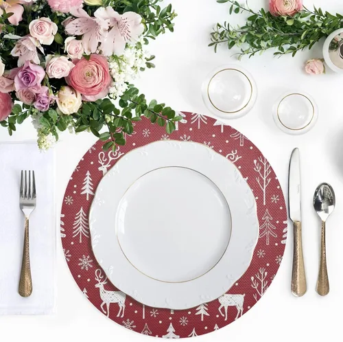 Vista 5 de White Deer Pine Trees Red Place Mat, Non Slip Non Slip Heat Resistant Placemats for Kitchen one sizex1