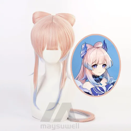 Vista 5 de Peluca de anime Genshin Impact Cosplay peluca Sangonomiya Kokomi de pelo largo rosa azul con gorra de peluca gratis para cómic, espectáculo