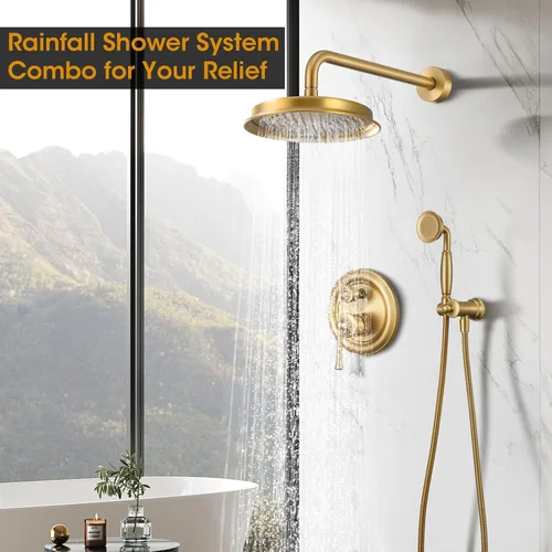 Vista 2 de Cabezal de ducha de lluvia con combo de mano, sistema de ducha dorado cepillado con válvula de presión de equilibrio, cabezal de ducha de 9 pulgadas