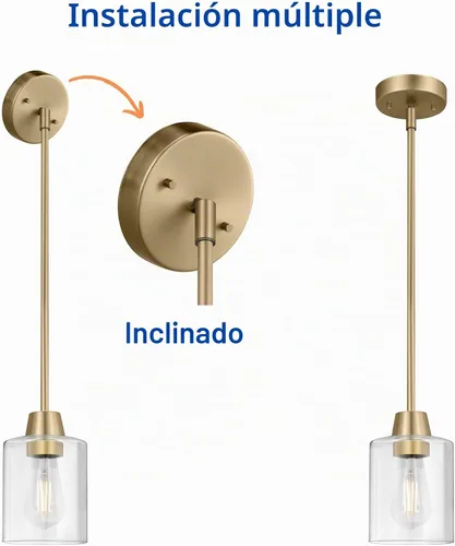 Vista 4 de Paquete de 3 luces colgantes de latón para isla de cocina, lámpara moderna dorada de cristal transparente, varillas ajustables con múltiples