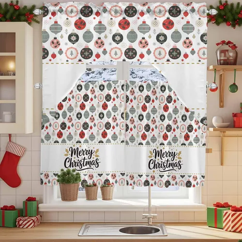 Vista 3 de Juego de 3 cortinas de cocina con festón de Navidad con cenefa, 3 piezas con bolsillo para barra, cortinas para dormitorio, sala de estar, baño