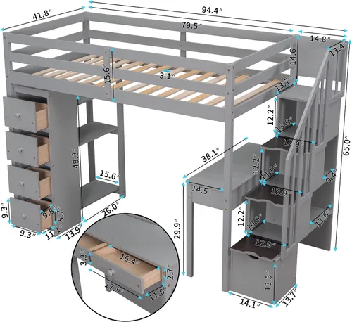 Vista 2 de DEINPPA Cama tipo loft de tamaño individual con escritorio integrado y 5 cajones de almacenamiento, cama alta de madera con escaleras de Gris