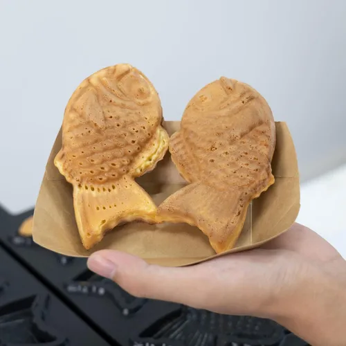 Vista 9 de Taiyaki - Máquina para hacer gofres de pescado, 3 unidades antiadherentes para hacer gofres eléctricos Taiyaki Baker con forma de pez, acero