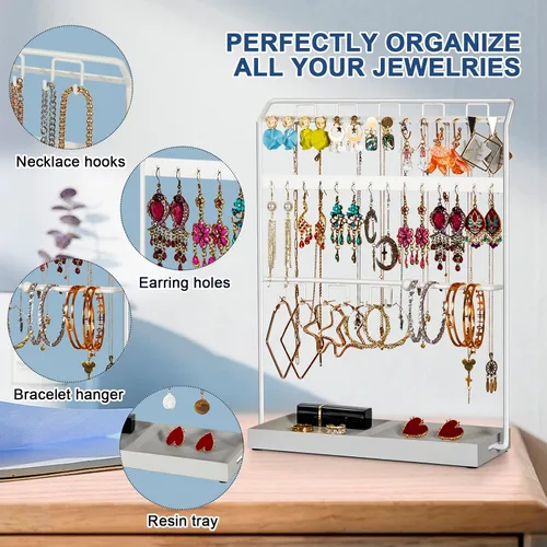 Vista 2 de LKKL Organizador de joyas con bandeja de resina, soporte para collar y organizador de aretes, soporte de joyería para aretes, collares, pulseras