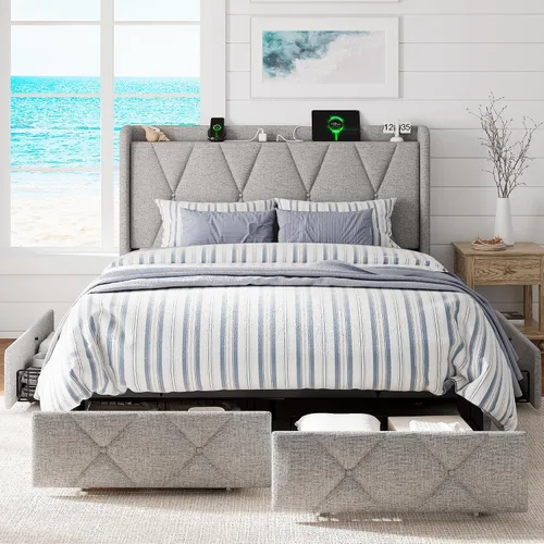 Vista 13 de GalnFu Base de cama de tamaño matrimonial con 4 cajones de almacenamiento, plataforma tapizada con estación de carga, moderna cabecera de Beige
