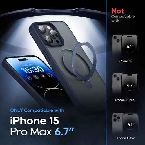 Vista 2 de Funda magnética para iPhone 15 Pro Max con soporte, soporte de anillo invisible con protector de pantalla compatible con MagSafe Slim esmerilado Azul