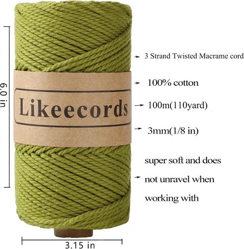 Vista 2 de Likeecords Cordón de algodón para macramé de 3mm x 100 metros, hilo torcido de 3 hebras, cuerda de macramé, hilo de algodón para macramé, cuerda