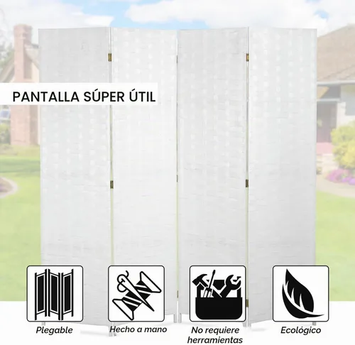 Vista 3 de Divisor de habitación, divisor de pared de 6 pies, pantalla de madera, 4 paneles, malla de madera, diseño tejido a mano, pantalla de habitación