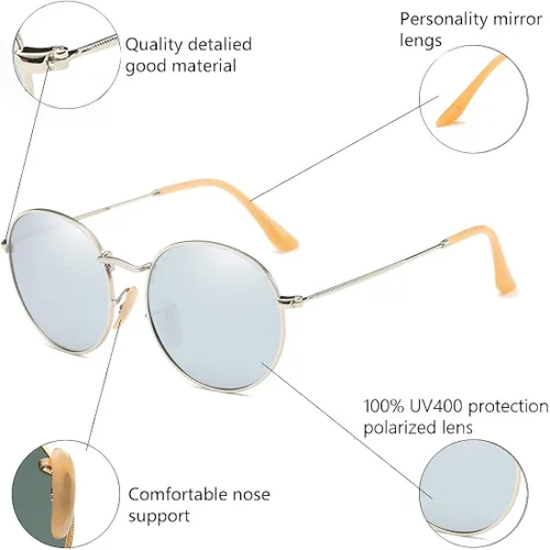 Vista 5 de ENSARJOE - Gafas de sol polarizadas redondas con lentes espejadas unisex clásicas con marco de metal