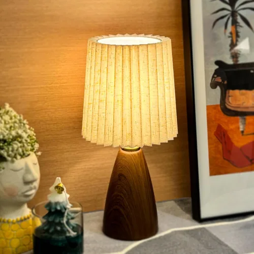 Vista 7 de Juego de 2 lámparas de mesa plisadas pequeñas para dormitorio, mini lámparas de noche para mesita de noche con pantalla redonda de lino de tela