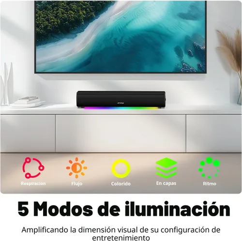 Vista 3 de Barra de sonido para Smart TV, barra de sonido de 16'/60W con graves impactantes, luz dinámica y control remoto, altavoces de TV montables en pared