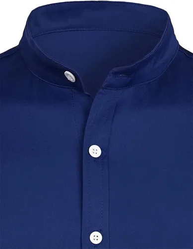Vista 3 de Camisa de vestir para hombre, cuello mandarín, manga larga, informal, con botones, con bolsillo
